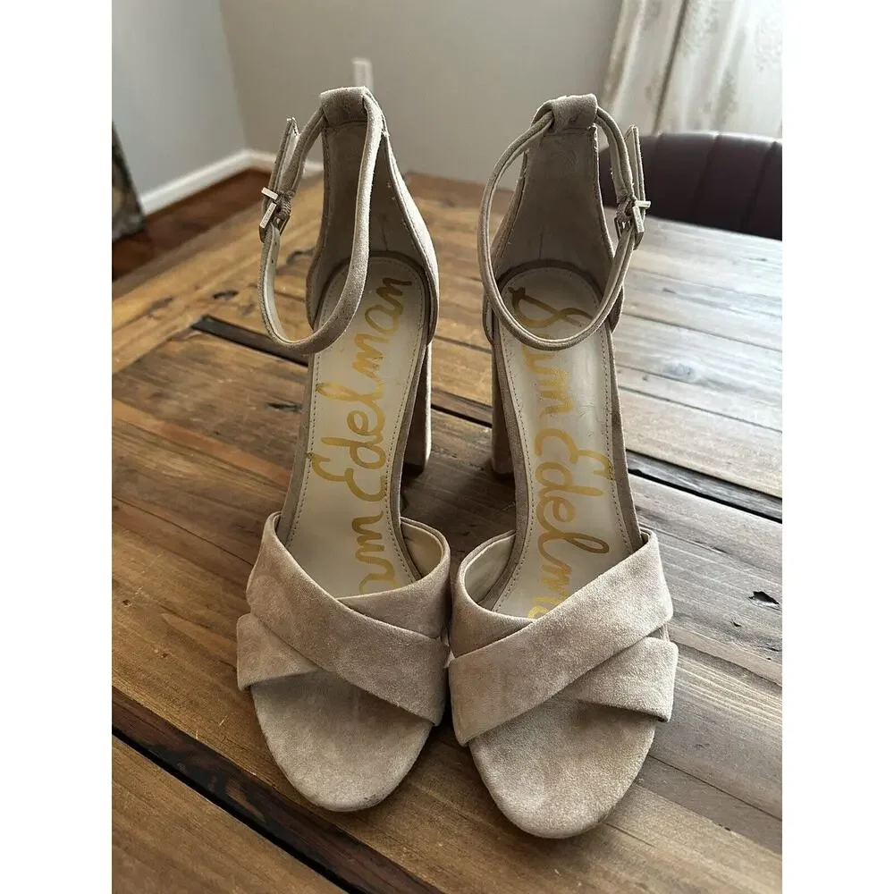 Sam Edelman Yancy Block Heels Ankle Straps Size 10 Suede Beige Wedding Business